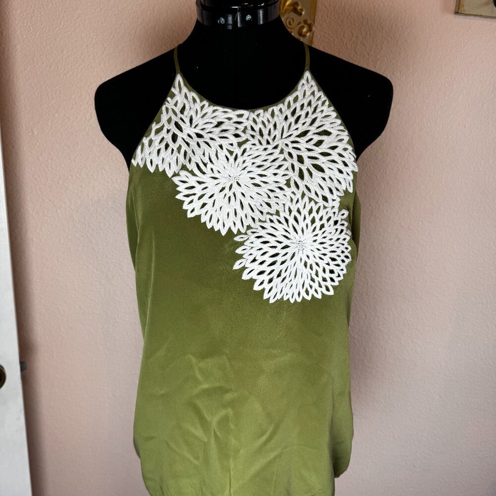 Spring Floral Embroidery 100% Silk Strappy Cami Top Green with White